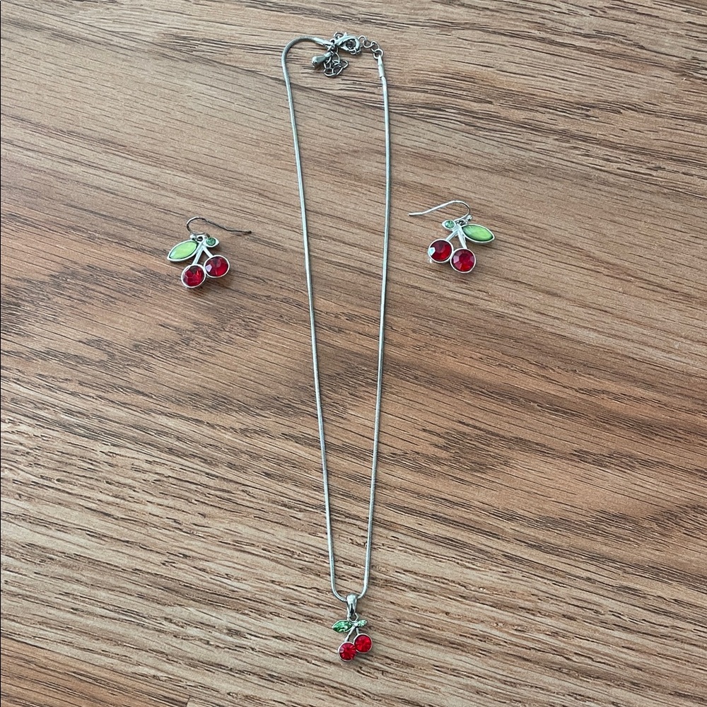 Cherry Pendant Necklace and Earring Set